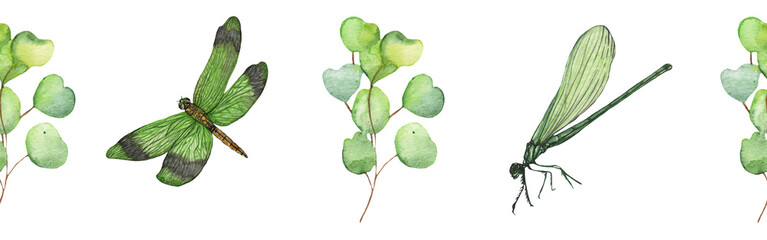 Seamless pattern green leaves trees and dragonfly, foliage of natural branches, green leaves, herbs, tropical plants hand drawn watercolor on white background.