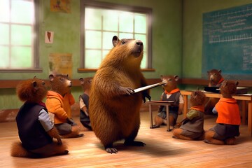 capybara teacher staying in the middle of the classroom and his students listening to him. Back to school concept