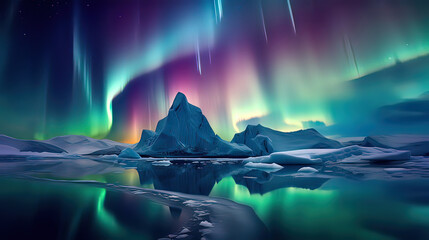 Ethereal Symphony - The Mesmerizing Dance of Icebergs and Northern Lights Reflected in Crystal Waters.