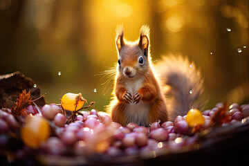 close-up to a squirrel in the forest - obrazy, fototapety, plakaty