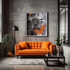 Vivid orange sofa and art poster on stucco wall, Generative Ai