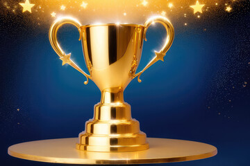 Triumph and Excellence: Golden Trophy with Stars Standing Tall on Dark Blue Background, Symbolizing Achievement and Motivation