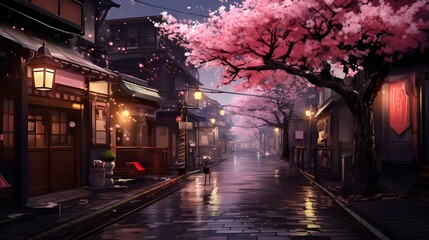 View of Japanese Kyoto with flourishing cherry blossoms. Sakura season