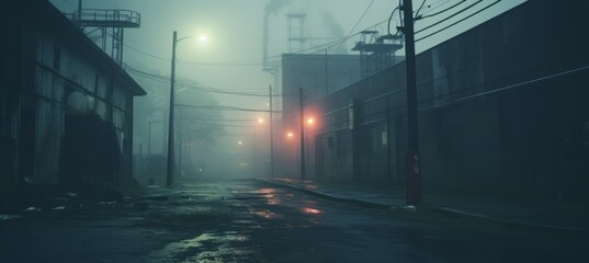 Abandoned empty industry area building on melancholic foggy background. Generative AI technology.