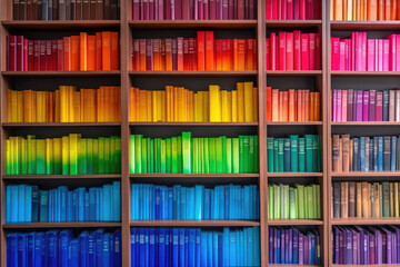 bookshelf with multi-colored books, background consisting of a huge bookshelf lined with colored books of all colors of the rainbow, bright home library background, generative AI