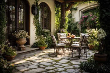 Gorgeous patio on the exterior of a house featuring a floor made of stone carpet, adorned with flourishing green flowers and plants, as well as a table accompanied by chairs.