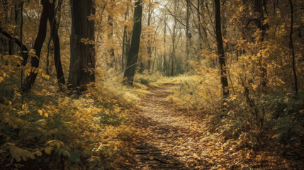 Obraz premium forest path in autumn with yellow leaves on the trees.