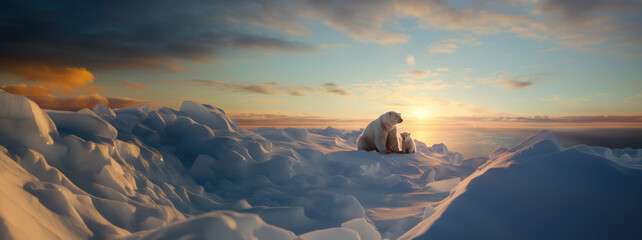 Panorama of Polar bears on a sheet of ice - obrazy, fototapety, plakaty