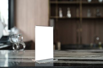 Menu mack up blank for text marketing promotion. Mock up Menu frame standing on wood table in...