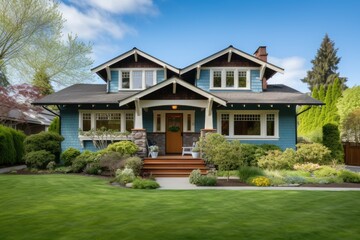 Craftsman style house with cedar exterior panels, sturdy wooden columns, a spacious porch, a deck, a lush green lawn, under a clear blue sky, and well maintained landscaping.