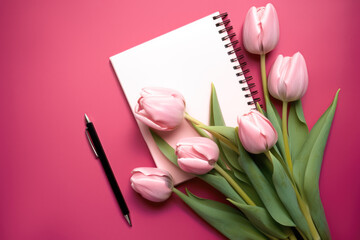 Bouquet of pink tulips and empty notebook. Spring flowers lie on opened notepad. Ai generated.