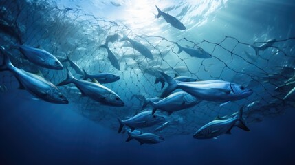 Underwater view with fishing net and school of tuna fish