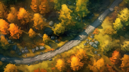 Aerial view of road in forest autumn daytime digital painting by AI