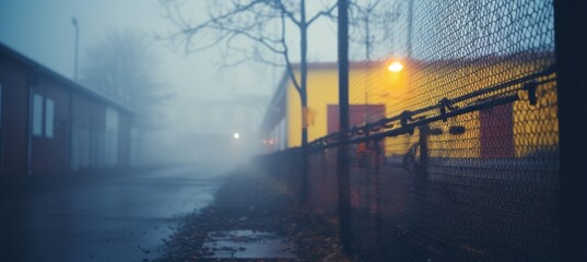 Village street foggy scene melancholic background. Generative AI technology.