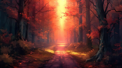 Road in forest evening digital painting by AI