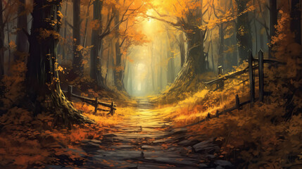Road in forest evening digital painting by AI
