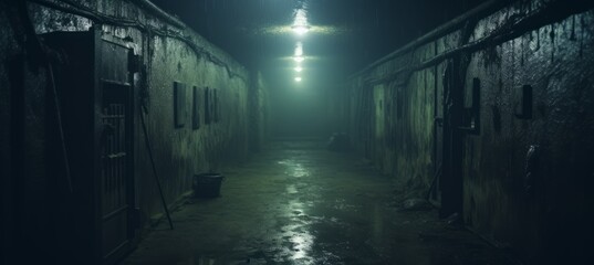 Abandoned underground hallway melancholic dark background. Generative AI technology.