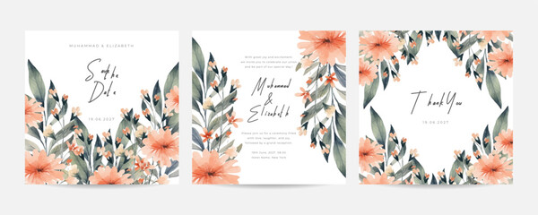 Beautiful wedding invitation card with nude peony floral and leaves template