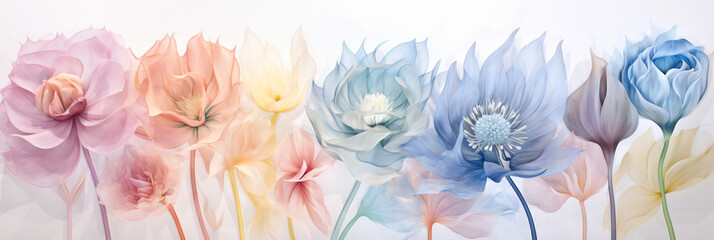 Abstract transparent background with flowers, color overlay, banner. AI generation 