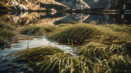 Fototapeta na wymiar Grassy patch next to lake with mountain reflections.