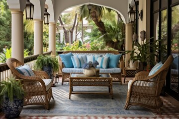 The patio is adorned with a comfortable and attractive arrangement of rattan chairs, a table, and a blue pillow, creating a lovely and inviting outdoor living area for the home.