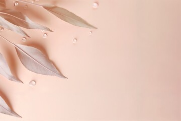 Leaves and water drops on a pink background with copy space for your text.