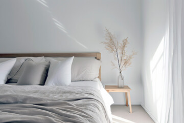 Bedroom interior. White room with natural wooden simplistic Earth tones design. Scandi Boho style with light from the window - obrazy, fototapety, plakaty