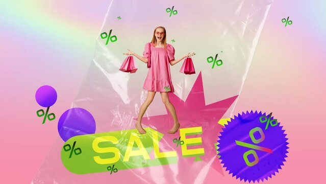 Pretty young girl in stylish pink dress holding many shopping bags. Big sales, buying clothes at low price. Stop motion, animation. Concept of shopping, sales, Black Friday, creativity. Banner, ad