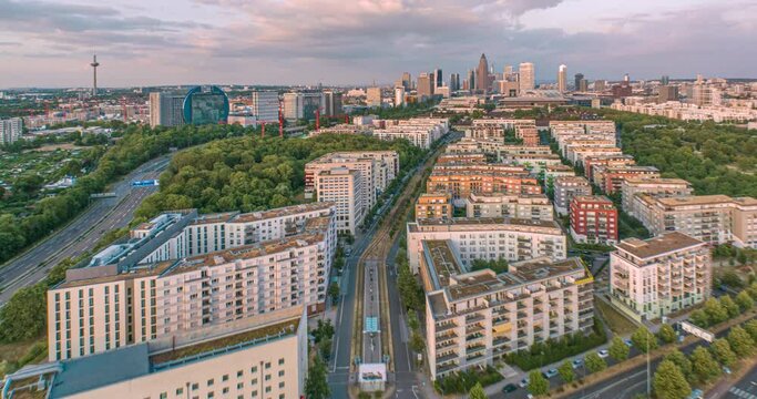 Drone time lapse video from Frankfurt am Main towards Rebstockpark in the evening