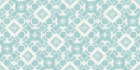 Aqua teal blue white vibrant watercolor batik azulejos tile border banner background. Seamless coastal blur linen effect geometric mosaic effect.Boho Patchwork nautical masculine summer ribbon trim. 