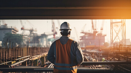 backside of Engineer Technician Watching Team of Workers on High Steel Platform, 