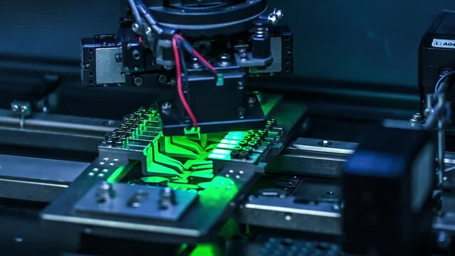 A semiconductor packaging equipment at work. Modern technology and automation. 