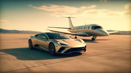 Business class transfer service at the airport. Private executive airplane and luxury car, Airport shuttle. 