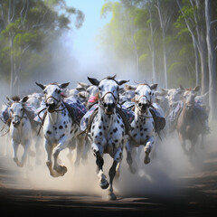 White horses running, horse race.