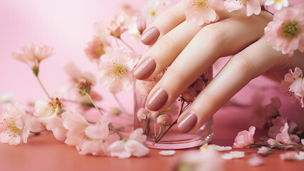 Obraz na płótnie Canvas Female hand, manicure, pink background, beautification saloon.
