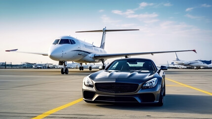 Business class transfer service at the airport. Private executive airplane and luxury car, Airport shuttle.  - obrazy, fototapety, plakaty