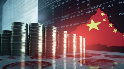 China flag with coin stacking and stock market chart. Value investment in China stock market concept. - obrazy, fototapety, plakaty