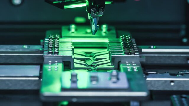 A semiconductor packaging equipment at work. Modern technology and automation. 