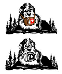 Rescue dog with barrel on the neck between mountain and forest isolated on white, black and white illustration