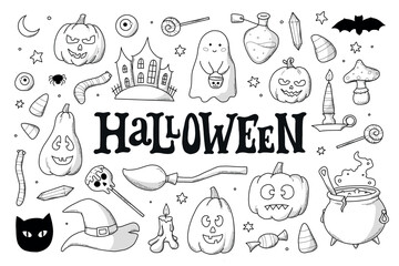 Halloween seamless pattern with doodles, cartoon elements for wallpaper, nursery prints, scrapbooking, stationary, wrapping paper, etc. EPS 10