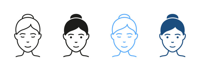 Woman, Lady Line and Silhouette Icon Set. Girl with Beauty Face and Hairstyle Pictogram. Female Avatar for User Profile Black and Color Symbol Collection. Isolated Vector Illustration