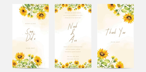 Fototapeta na wymiar Corner of yellow sunflower arrangement on wedding invitation background. Vintage wedding card invitation theme.