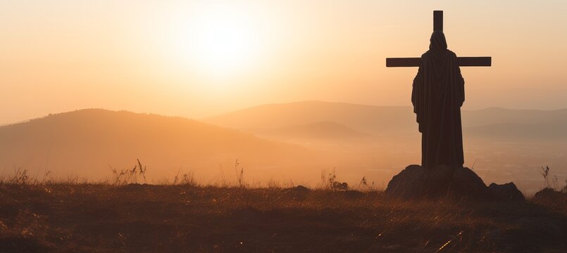 Cross and Jesus figure at the hill sunset background. Generative AI technology.