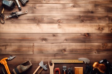 Top down view of a wooden surface showcasing the idea of home renovation and do it yourself projects, featuring a collection of tools commonly used in home construction and repairs.