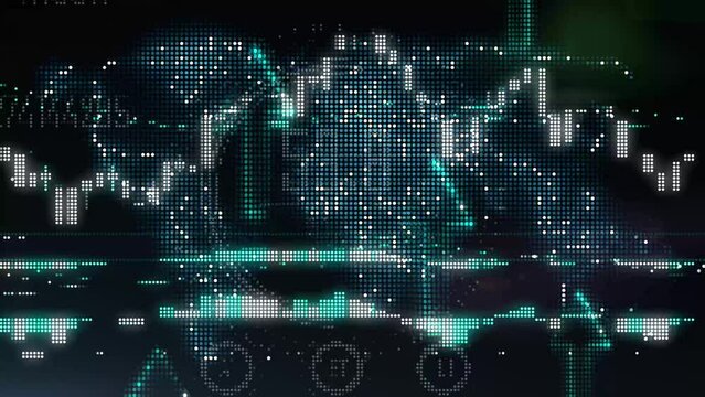 world map overlay with data analyse video effect and digital trading graph moving in stylized small dots pattern in modern look backdrop