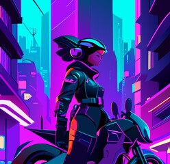 Biker on an Futuristic motorcycle. Evening futuristic city in background. Neon urban future. 