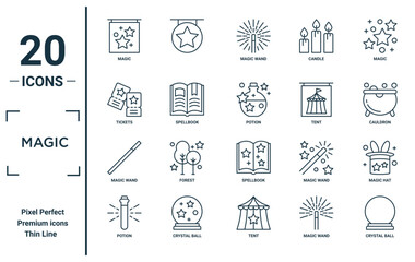 magic linear icon set. includes thin line magic, tickets, magic wand, potion, crystal ball, potion, hat icons for report, presentation, diagram, web design
