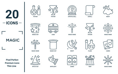 magic linear icon set. includes thin line potion, magic hat, magic wand, witch hat, wand, wand, cards icons for report, presentation, diagram, web design