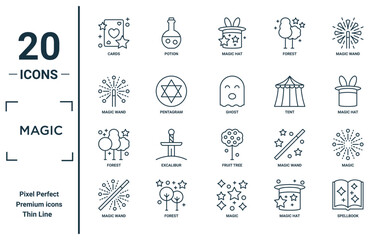 magic linear icon set. includes thin line cards, magic wand, forest, magic wand, spellbook, ghost, icons for report, presentation, diagram, web design