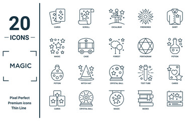 magic linear icon set. includes thin line cards, magic, potion, cards, , forest, cards icons for report, presentation, diagram, web design